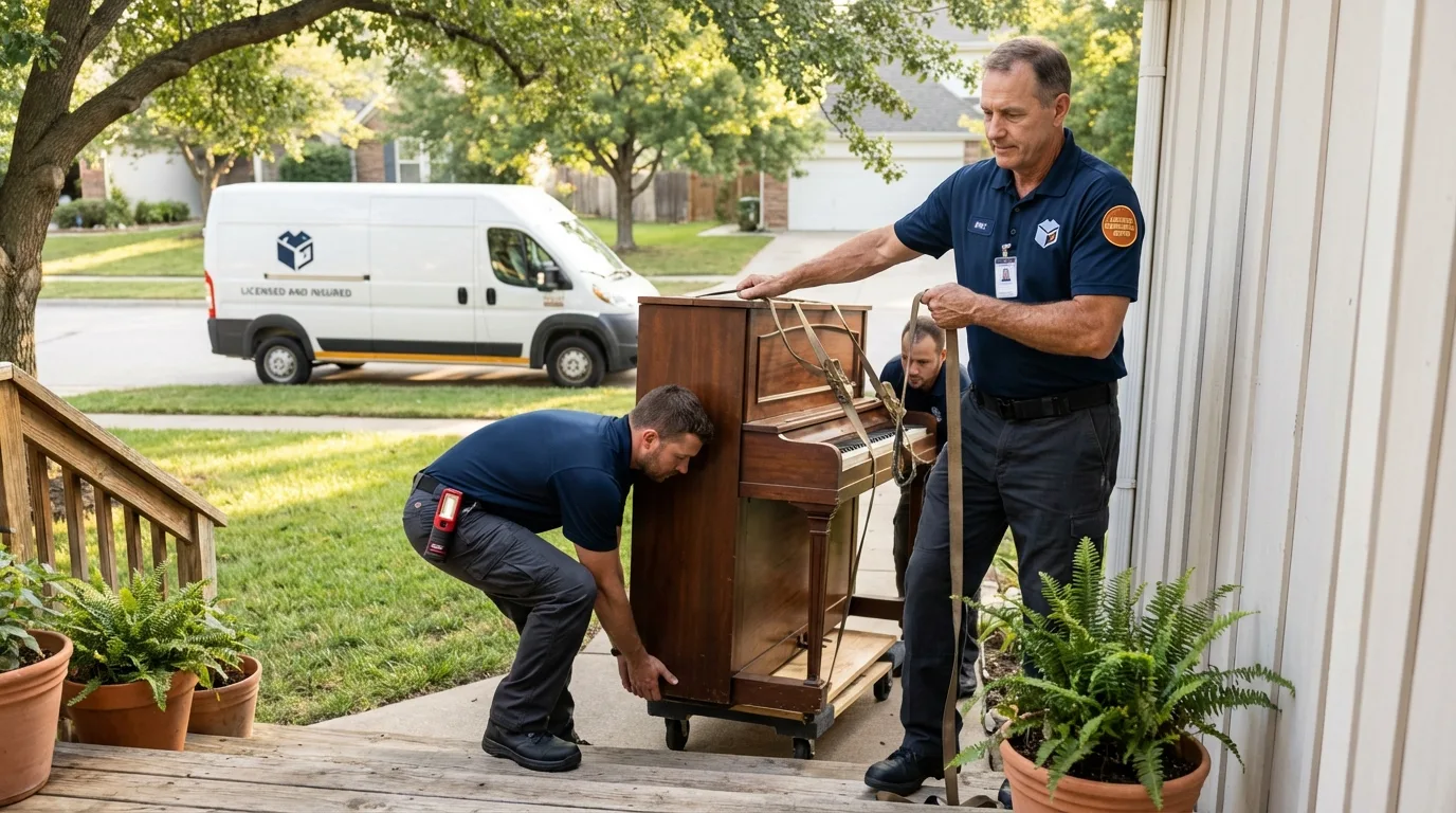 Licensed piano movers securing grand piano in Ashby, MA