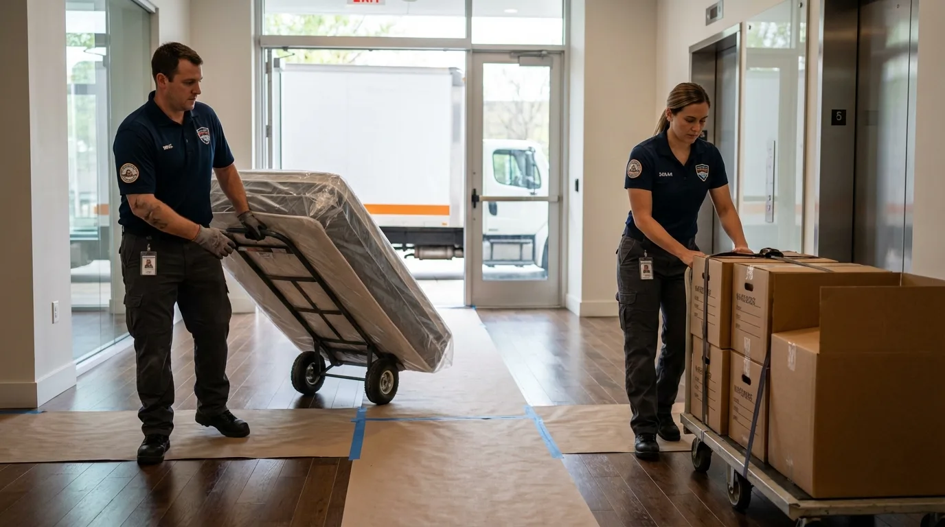 Professional apartment movers loading elevator in Ashby, MA