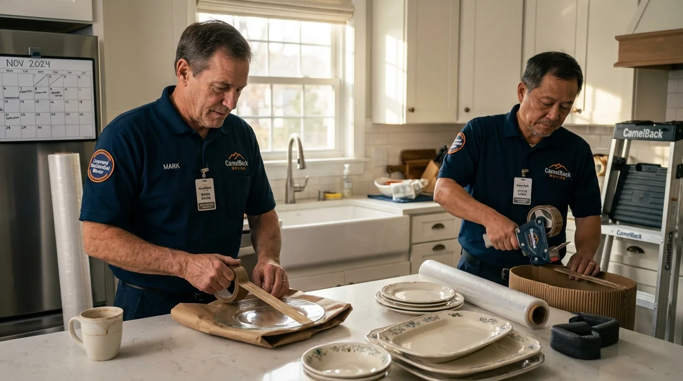 Professional crew packing kitchen dishware in Ashby, MA